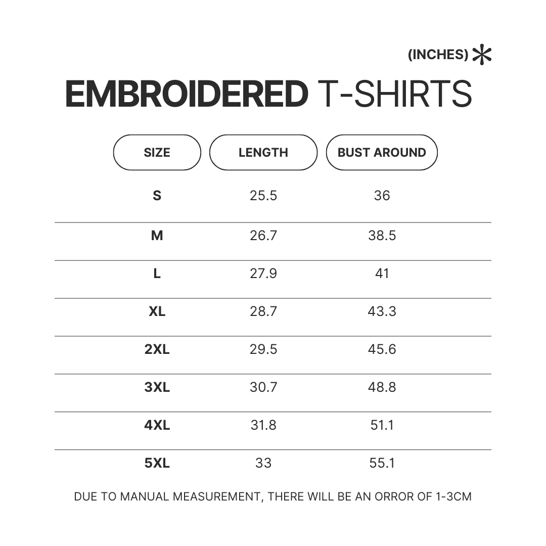 Embroidered T shirt Size Chart - Jujutsu Kaisen AU Store