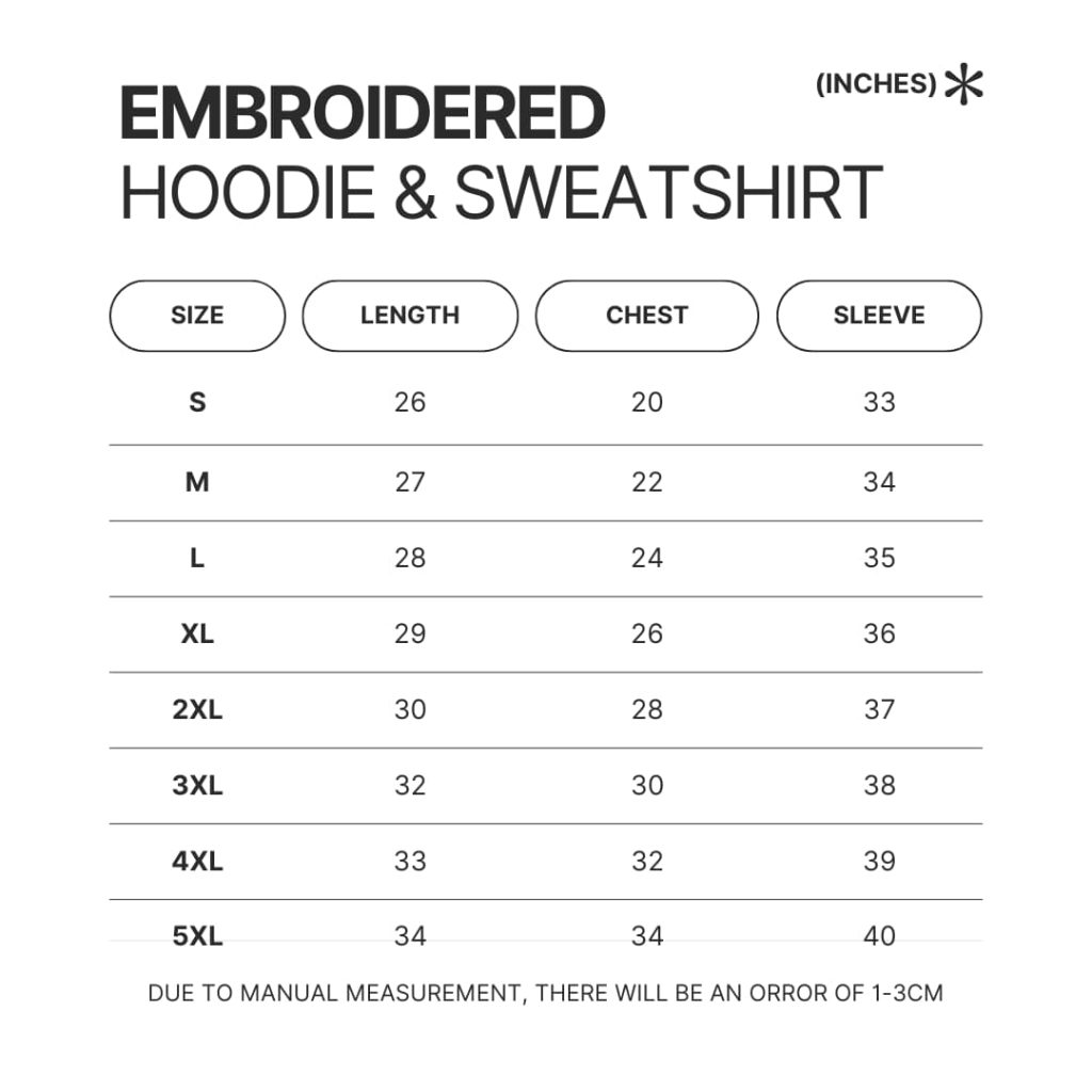 Embroidered Hoodie Sweatshirt Size Chart - Jujutsu Kaisen AU Store