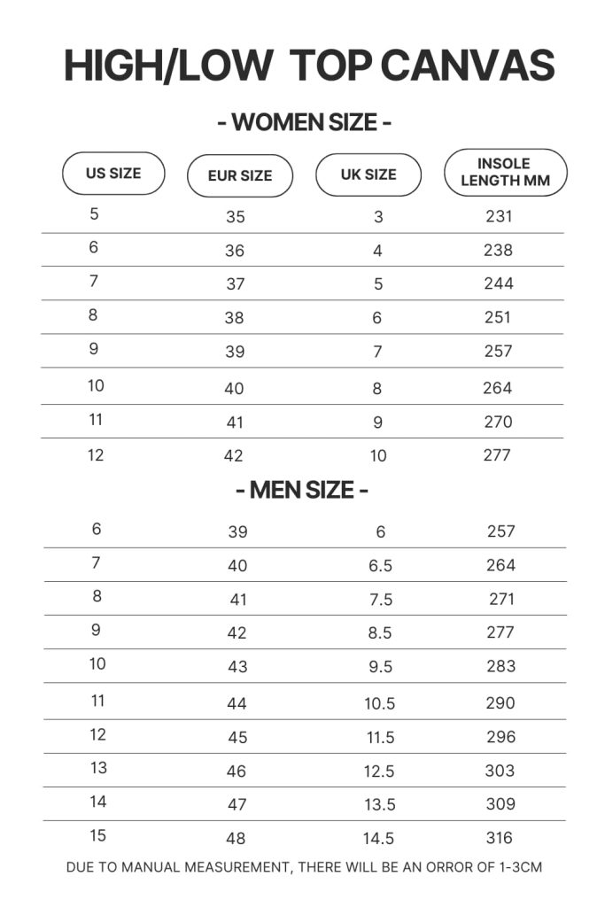 High Top Low Top Canvas Shoes Size Chart 1 - Jujutsu Kaisen AU Store