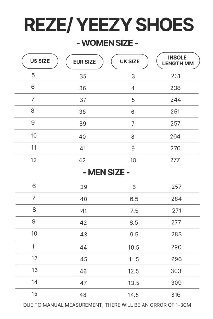 Reze Yeezy Shoes Size Chart 1 - Jujutsu Kaisen AU Store