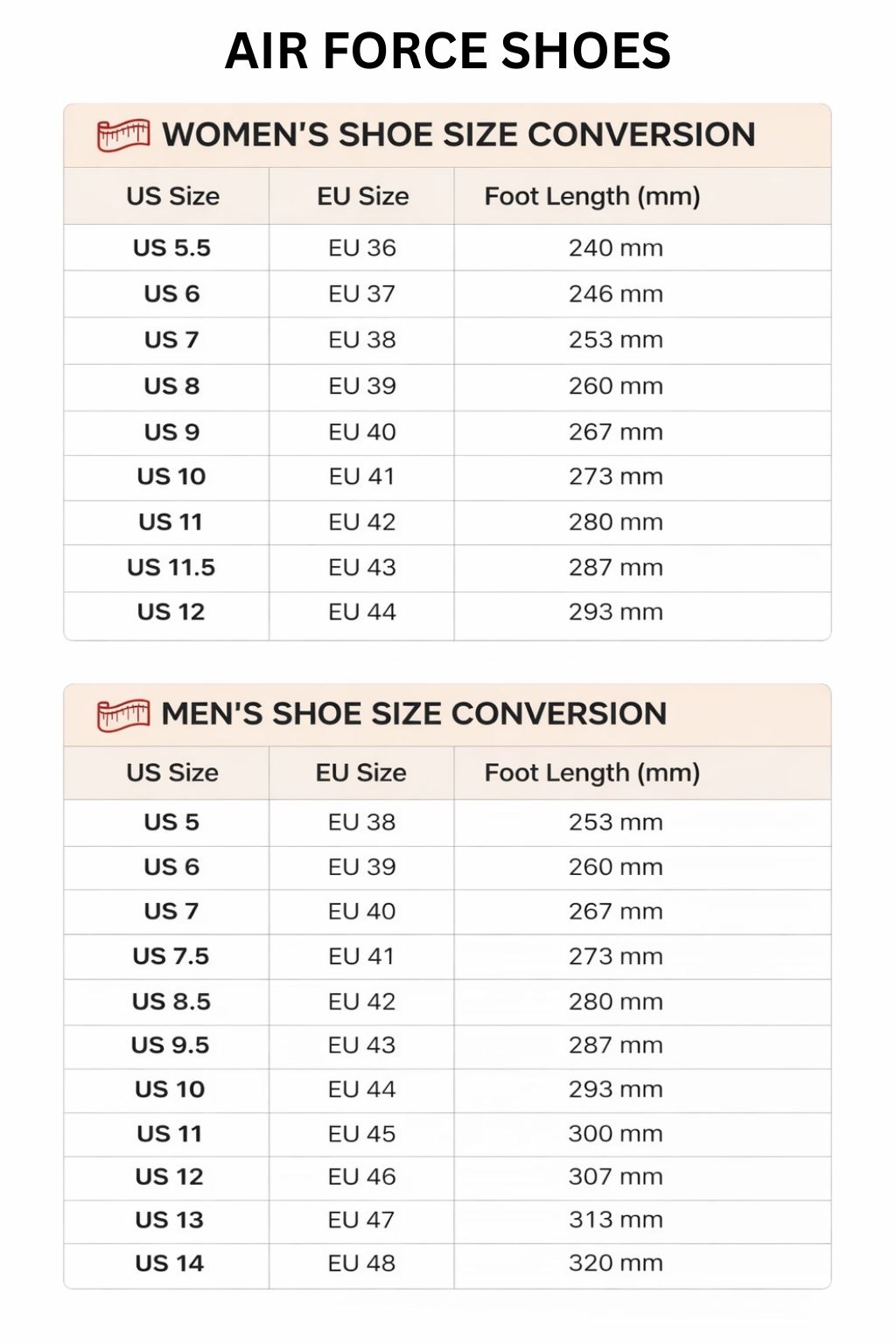 Air Force Shoes Size Chart - Jujutsu Kaisen AU Store